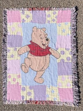 Vtg 90s Disney Winnie The Pooh Woven Tapestry Throw Blanket Crib Size Pastel